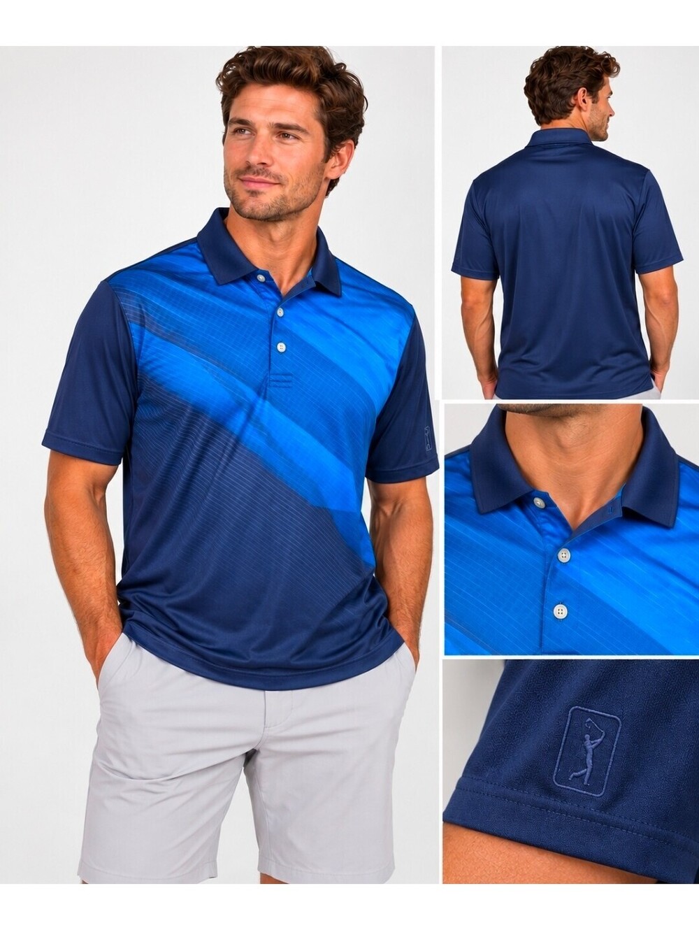 PGA TOUR Mens XL Golf Polo Blue Navy Geometric Performance Short Sleeve Shirt